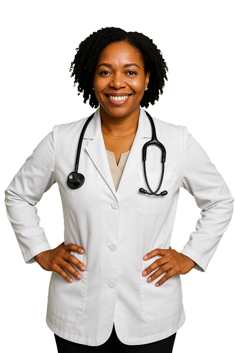 A confident clinician, hands on hips